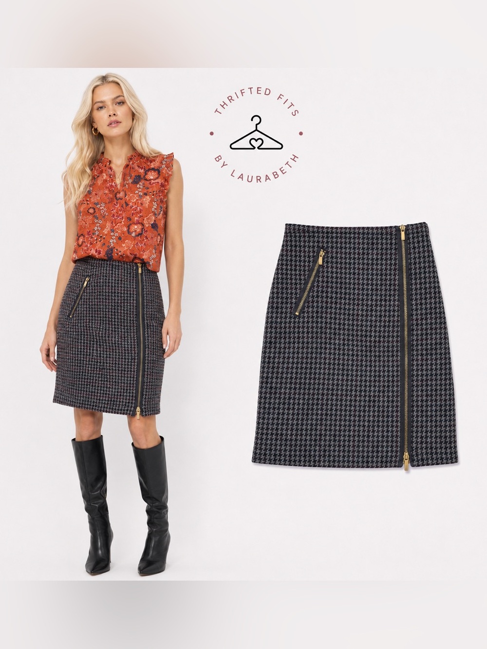 J. Crew Navy and Gray Houndstooth Pencil Skirt with Zip Detail